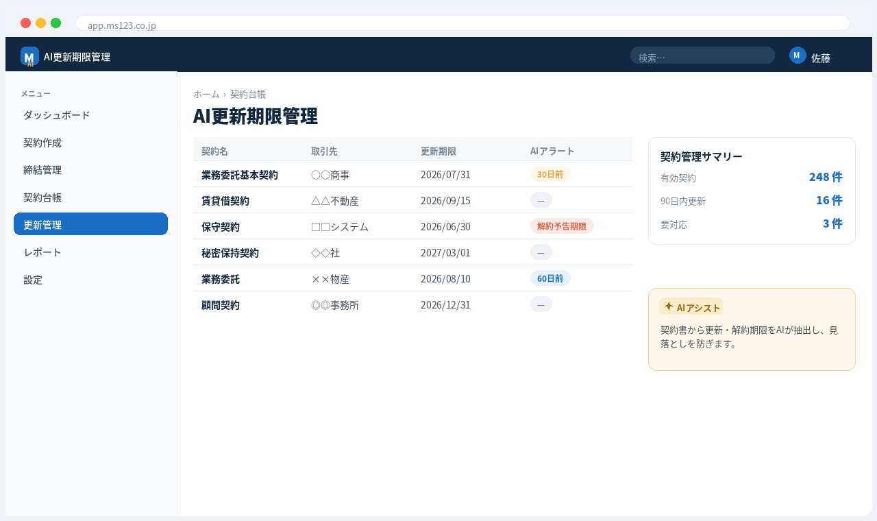 電子契約・契約管理クラウド 解決画面：更新期限をAIが抽出し、事前にアラート。期限管理を自動化