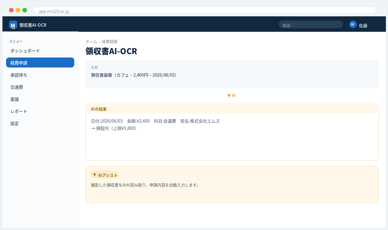 経費精算・ワークフロークラウド 解決画面：領収書をAI-OCRが読み取り、金額・日付を自動入力。規程違反もAIが検知