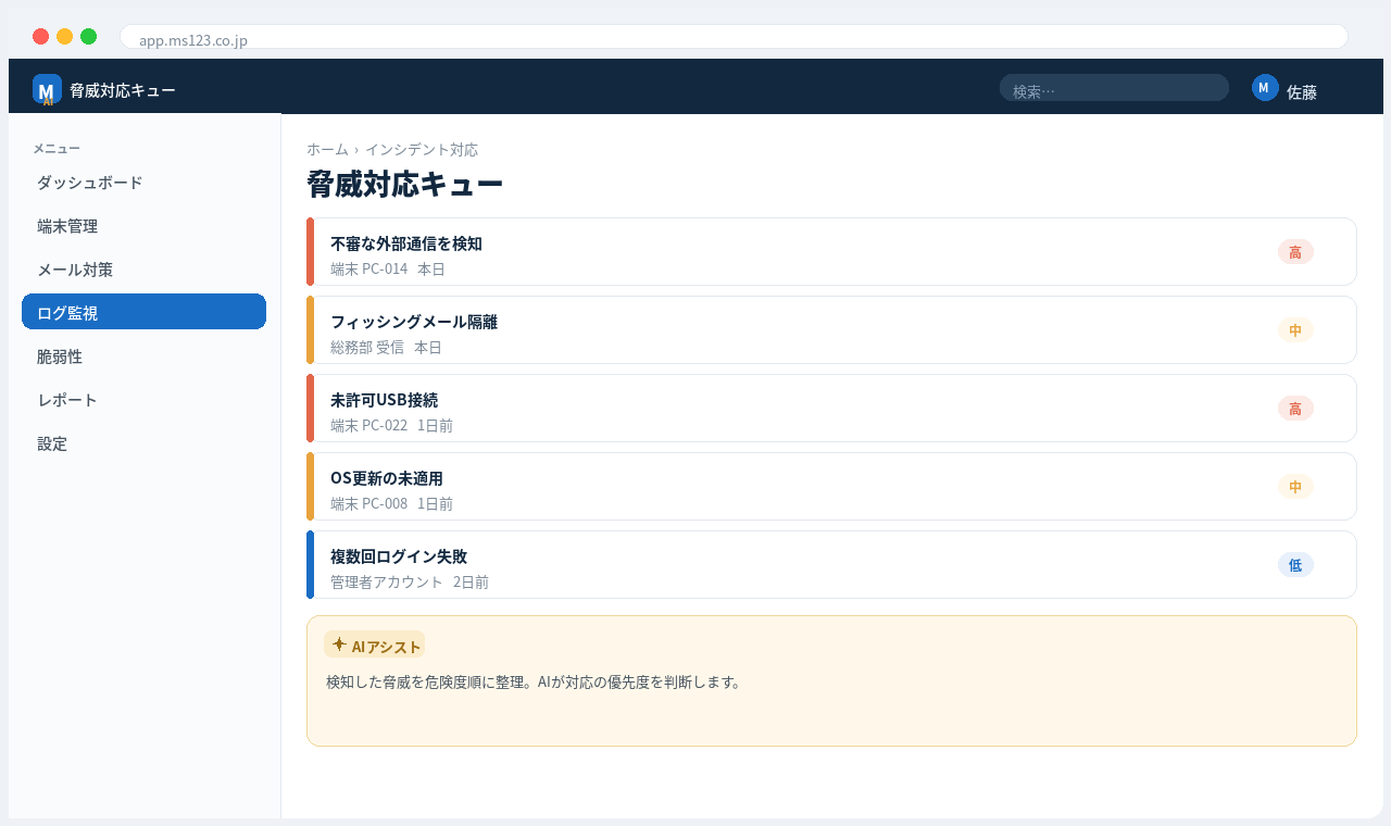 セキュリティ対策クラウド 解決画面:不審メールをAIが検知・隔離。従業員向けの訓練・教育も実施