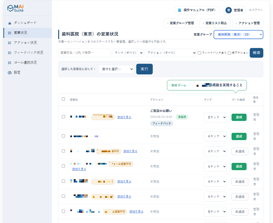 AIセールスロボット 営業状況：営業先一覧をランク・ゴール達成・アクション状況とあわせて管理する画面イメージ