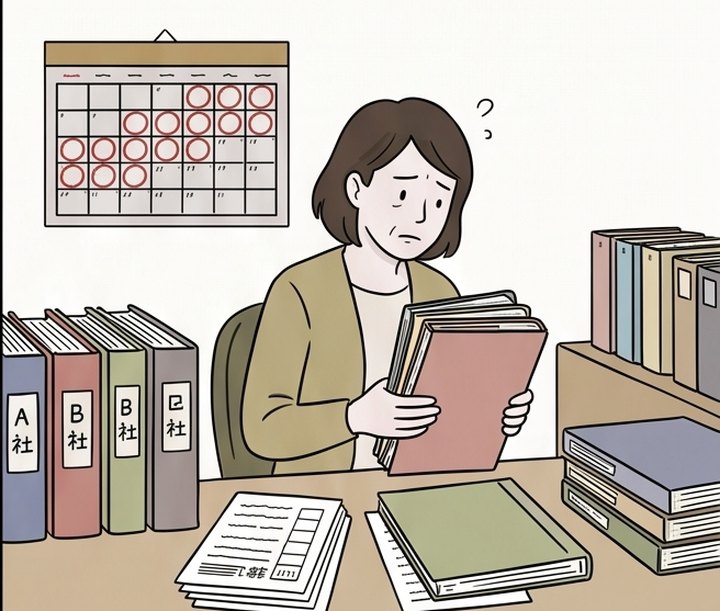 乗合保険代理店：各社の証券を満期カレンダーにする様子